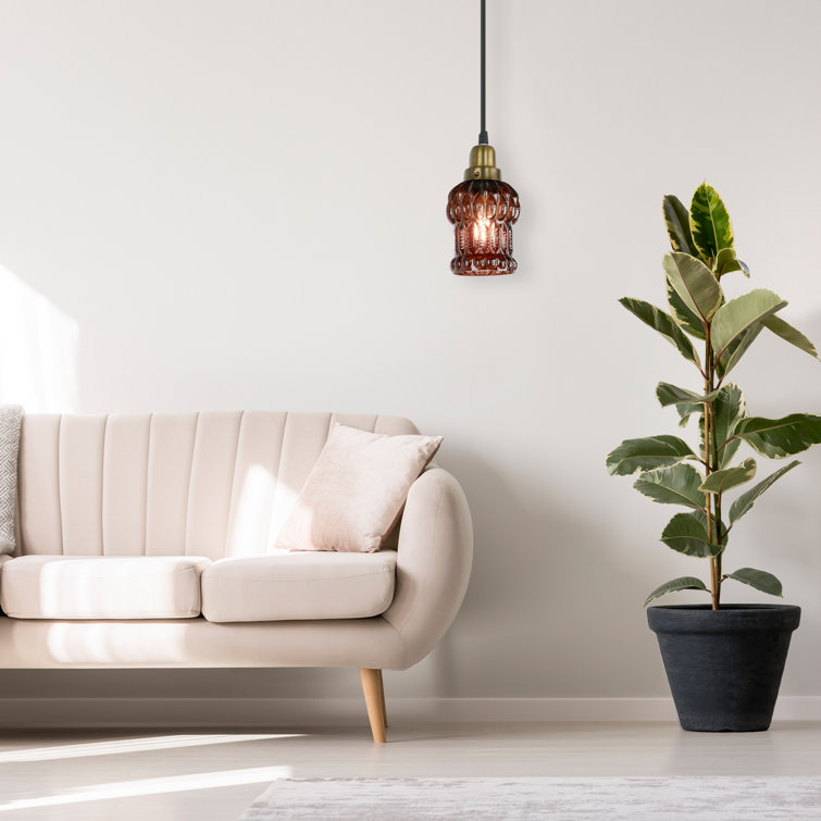 Brown Textured Glass and Gold Metal Pendant Light
