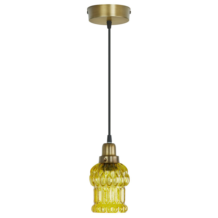 Yellow Textured Glass and Gold Metal Pendant Light, Adjustable Height
