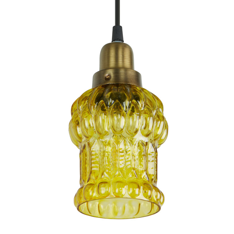 Yellow Textured Glass and Gold Metal Pendant Light, Adjustable Height