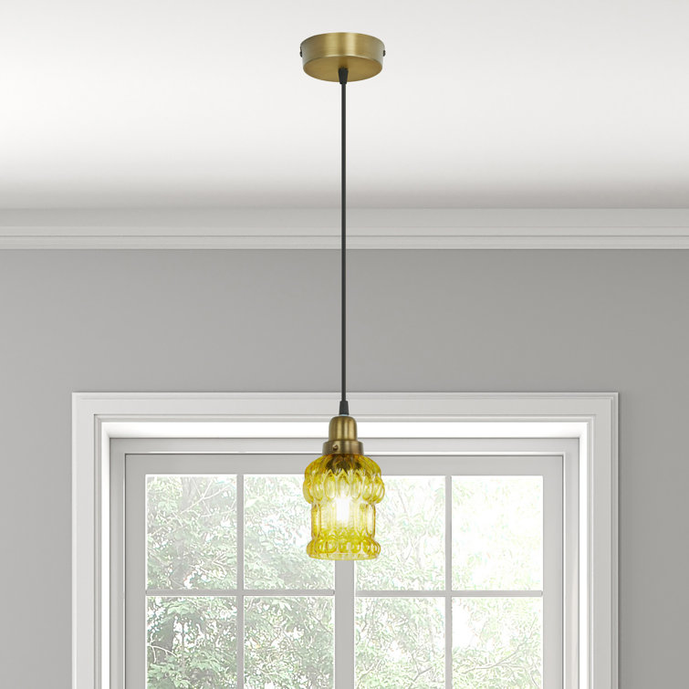 Yellow Textured Glass and Gold Metal Pendant Light, Adjustable Height