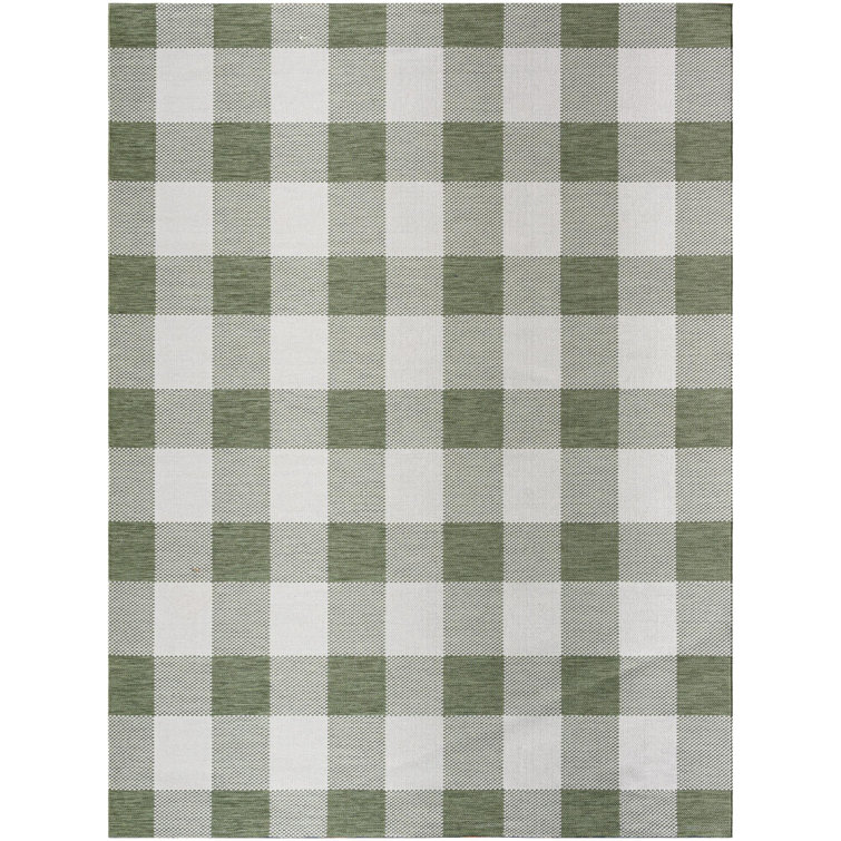 Green and White Checkered Stain-Resistant Synthetic Area Rug