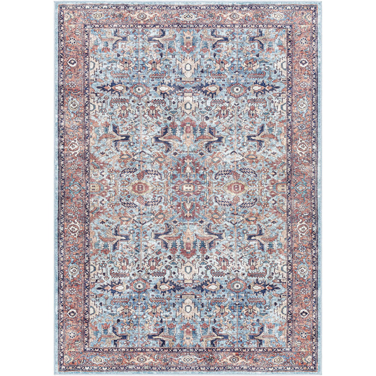 Blue and Red Oriental Machine-Woven Rectangular Rug