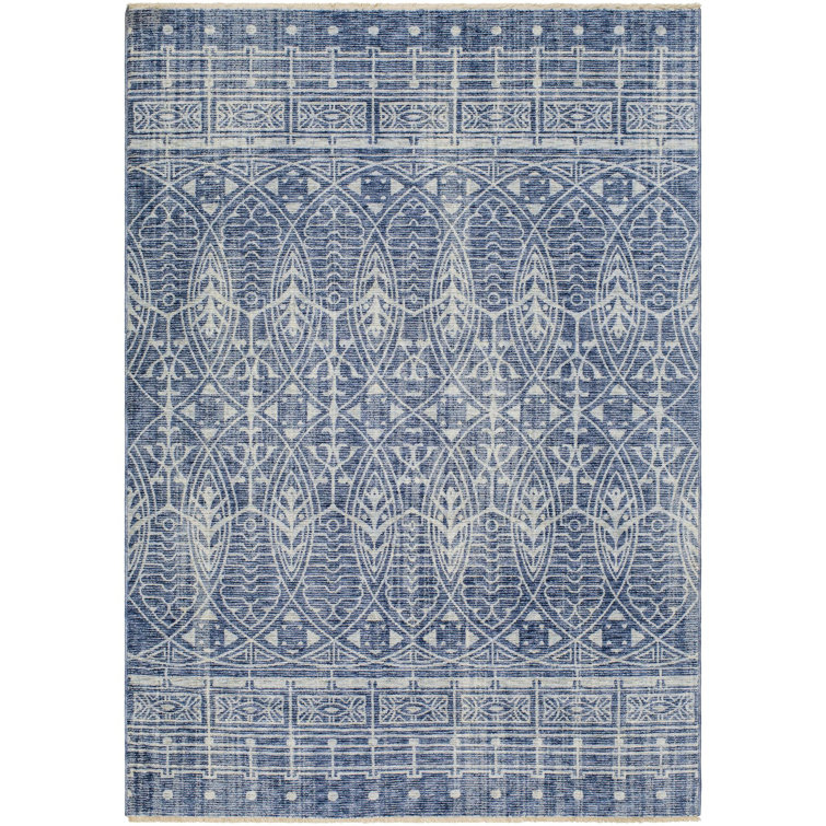 Blue and White Geometric Pattern Rectangular Rug