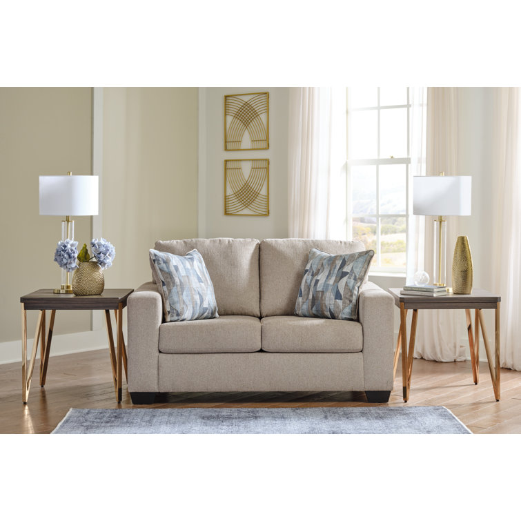 62'' Beige Fabric Track Arm Loveseat with Accent Pillows