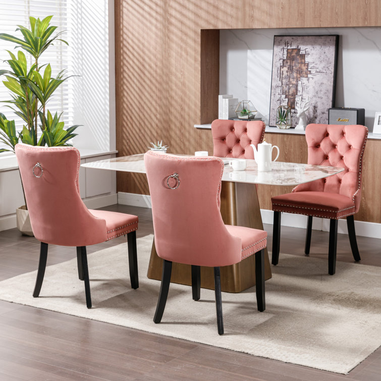 Pink Velvet Wing Back Parsons Side Chair Set with Wood Legs