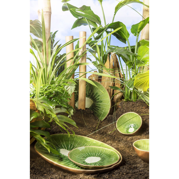 Green and Brown Ceramic Kiwi Fruit Dessert Bowls, Set of 4