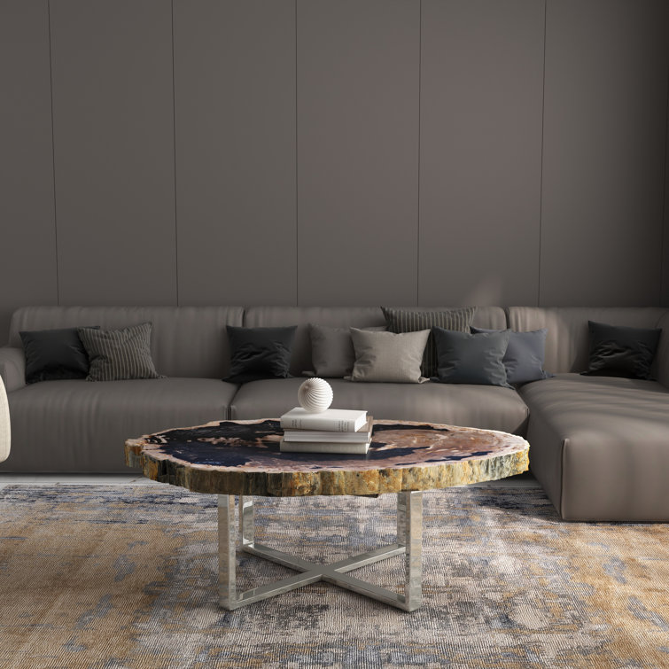 Urbia Relique Natural Dark Petrified Wood & Polished Stainless Steel Coffee Table