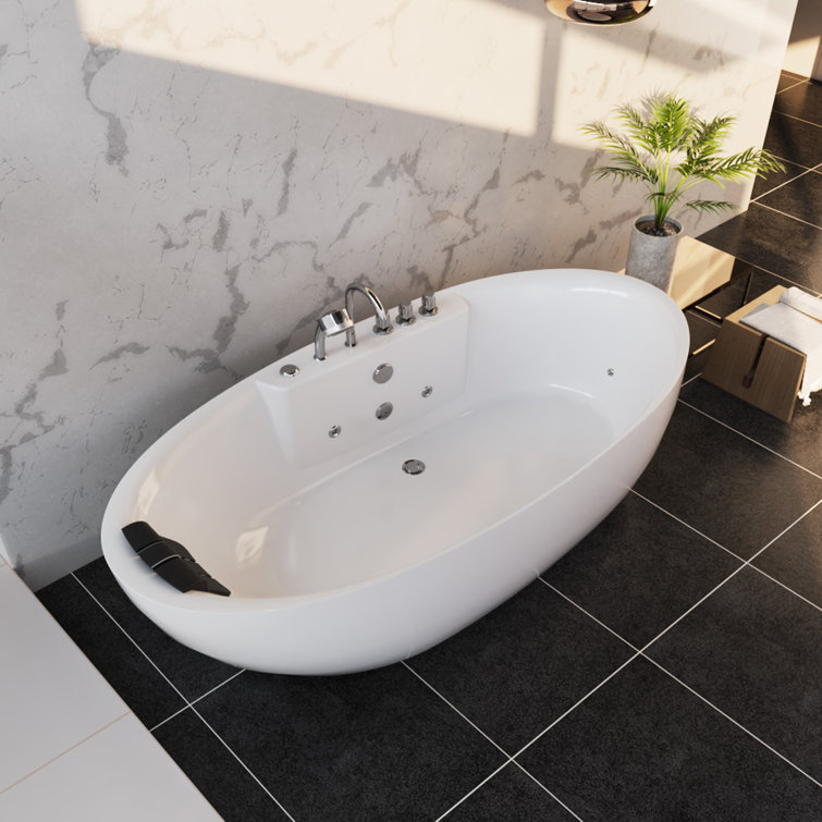 59" White Acrylic Freestanding Whirlpool Bathtub with Faucet