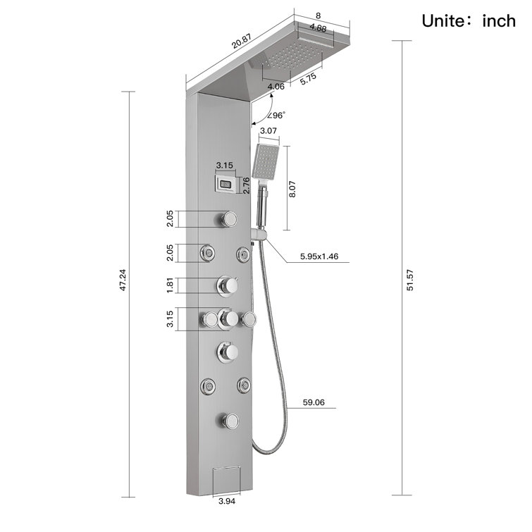 Nickel Chrome 8-Jet Rainfall Shower Panel System with Handheld Wand