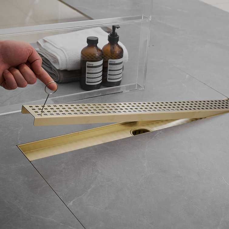 Brushed Gold 24-Inch Stainless Steel Linear Shower Drain with Square Pattern