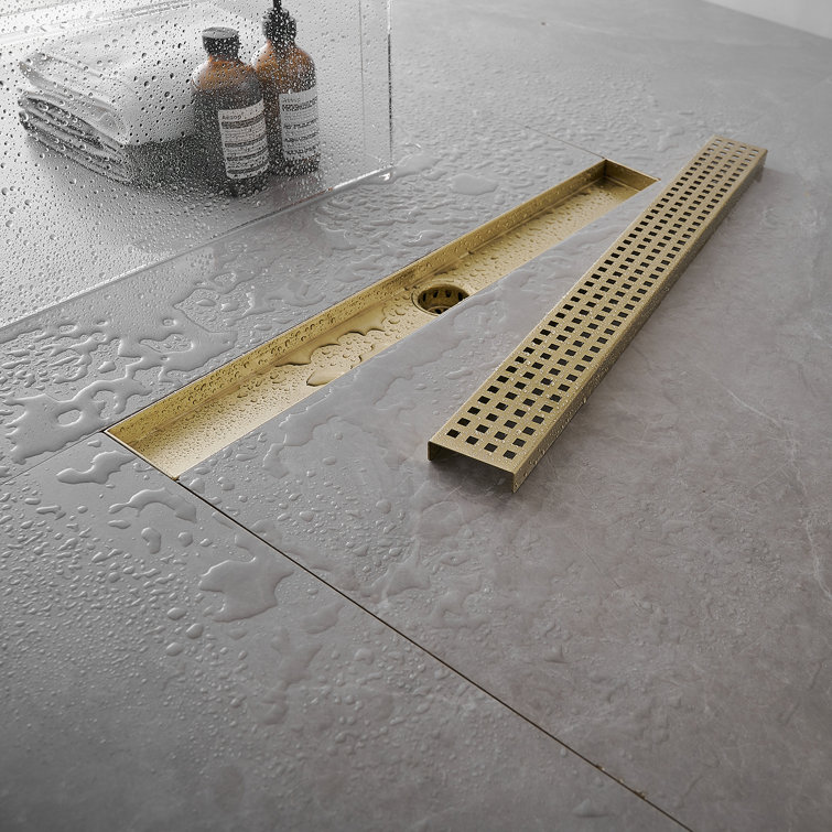 Brushed Gold 24-Inch Stainless Steel Linear Shower Drain with Square Pattern