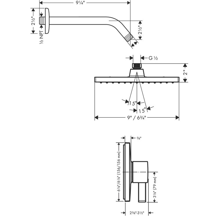 Nickel Square Wall Mounted Rain Shower Set