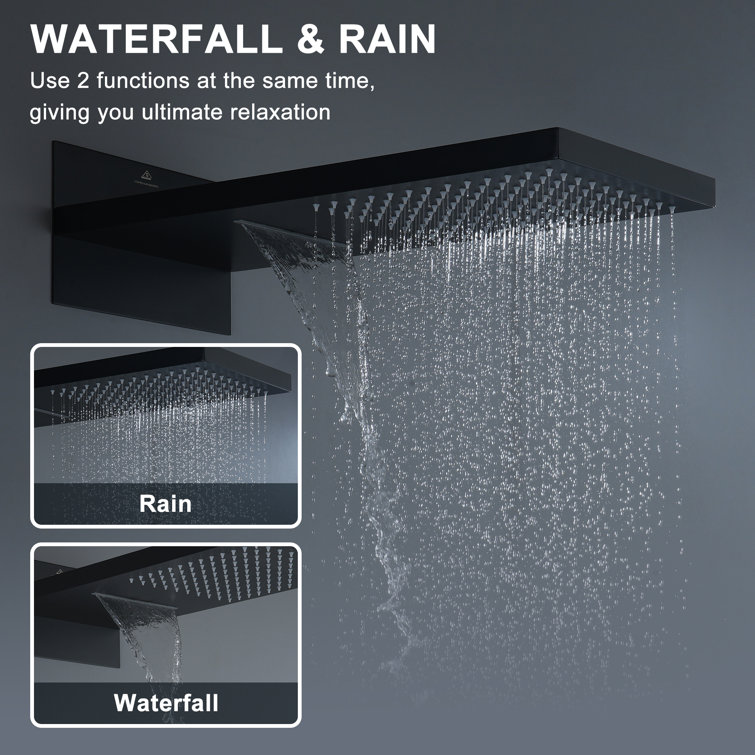 Matte Black Wall Mounted Rainfall Shower System with Body Jets