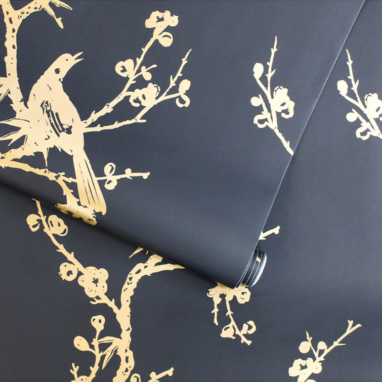 Black and Gold Chinoiserie Bird Peel and Stick Wallpaper