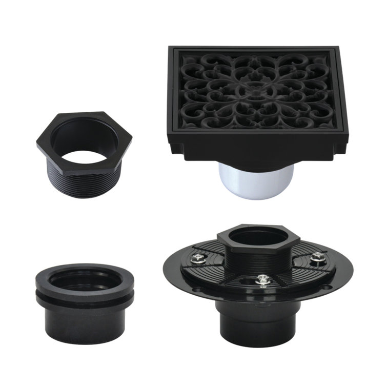 Matte Black 4-Inch Square Brass Shower Drain with Geometric Pattern