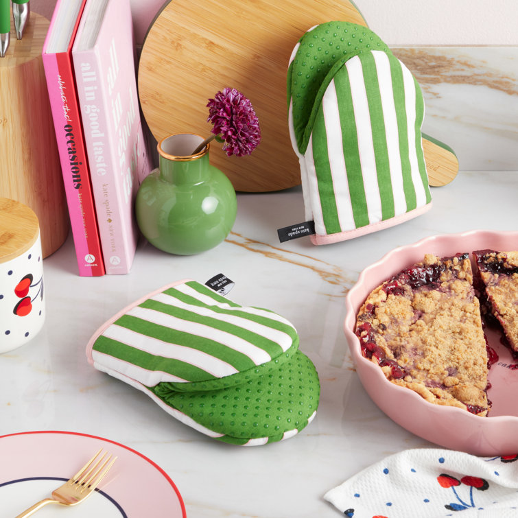 Green and Pink Striped Silicone Oven Mitts, 2-Piece Set