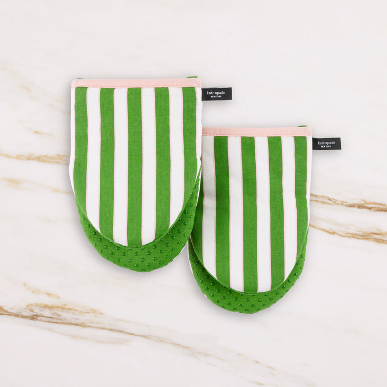 Green and Pink Striped Silicone Oven Mitts, 2-Piece Set