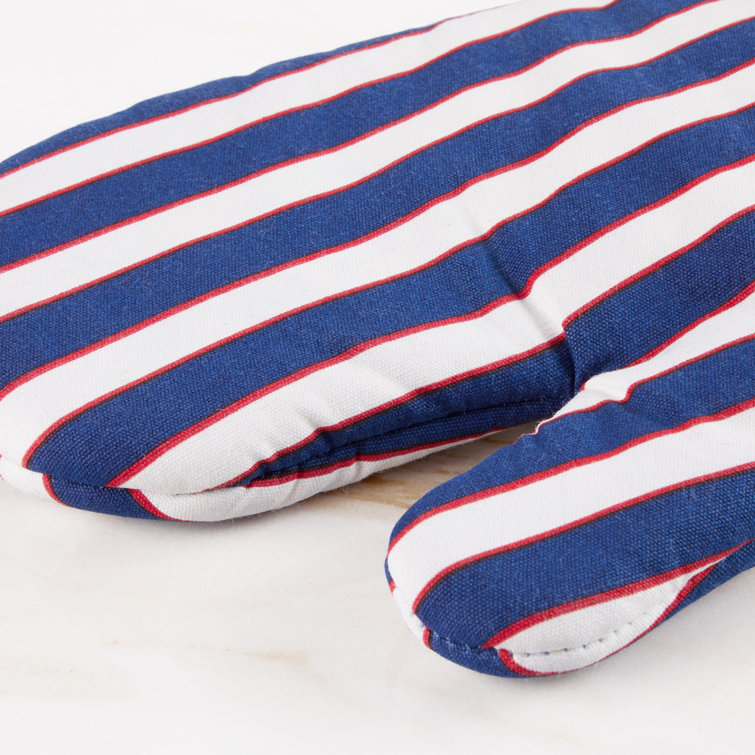 Navy Blue and Red Striped Cotton Oven Mitt Set
