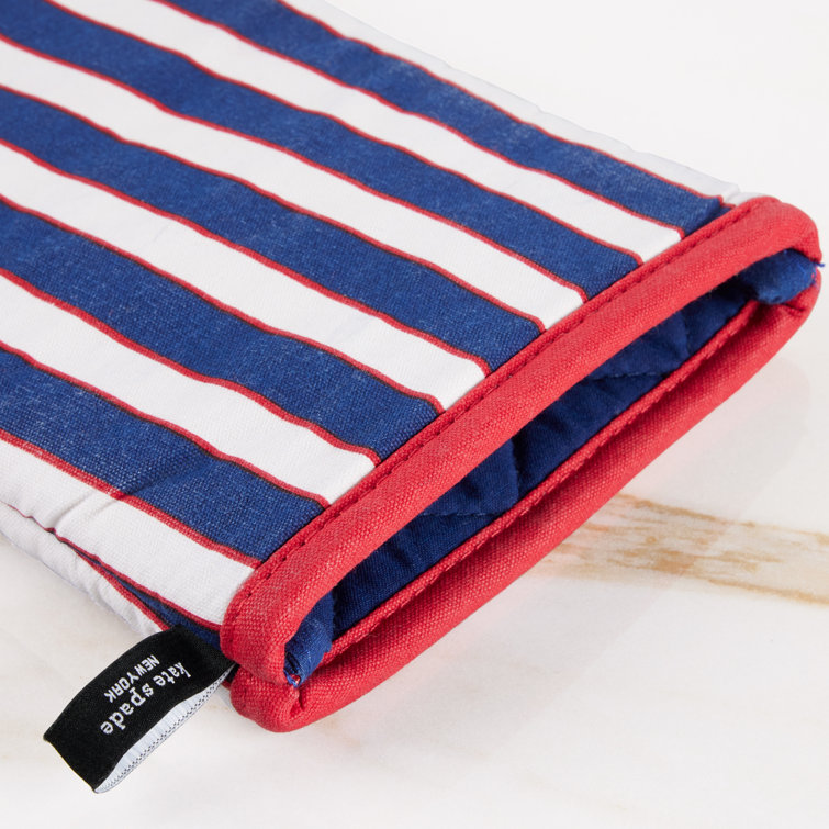 Navy Blue and Red Striped Cotton Oven Mitt Set