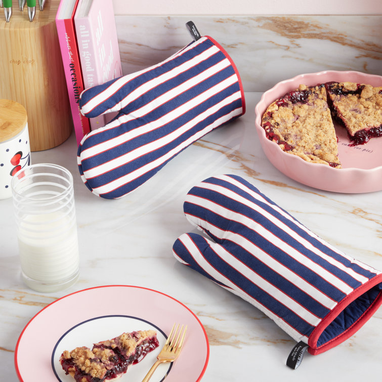 Navy Blue and Red Striped Cotton Oven Mitt Set