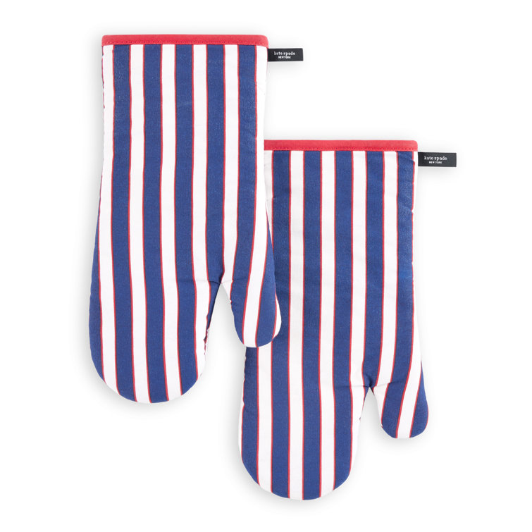 Navy Blue and Red Striped Cotton Oven Mitt Set