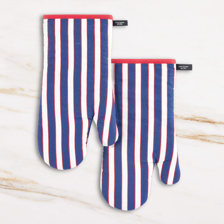Navy Blue and Red Striped Cotton Oven Mitt Set