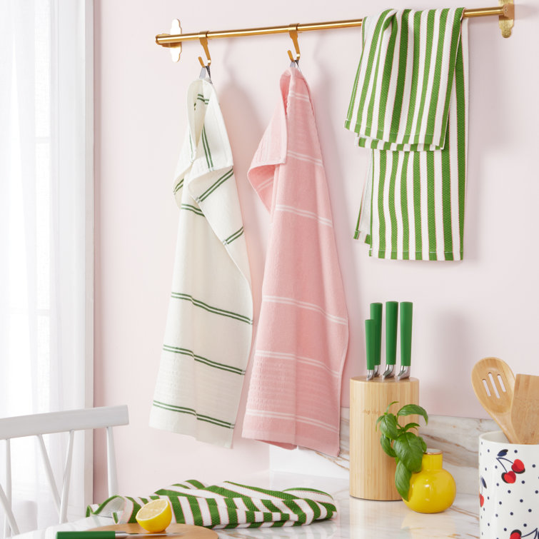 Green and Pink Striped Cotton Kitchen Towel Set of Four