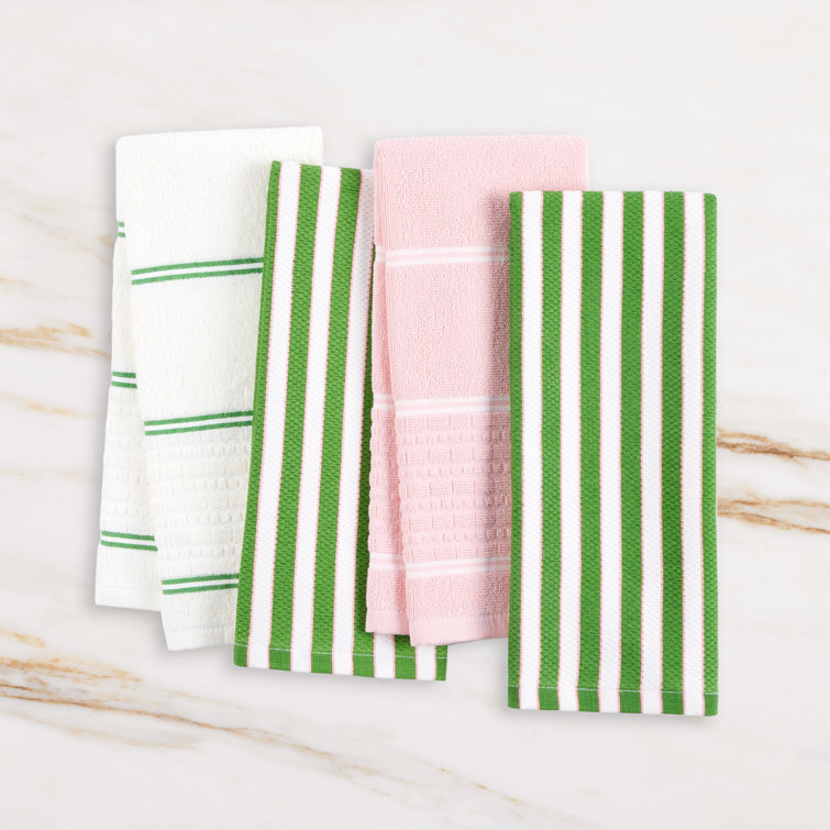 Green and Pink Striped Cotton Kitchen Towel Set of Four