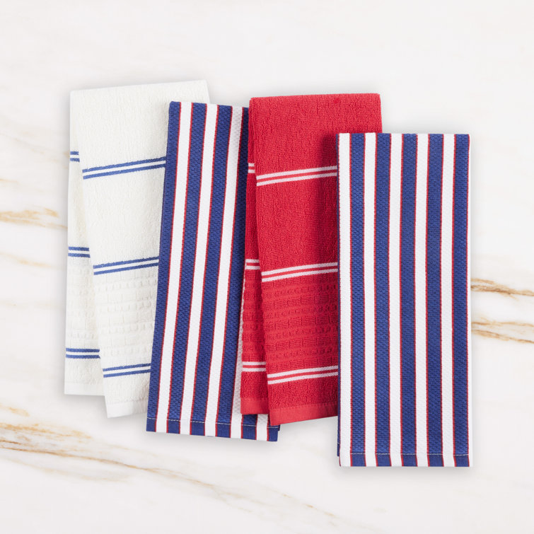 Modern Cotton Striped Red and Blue Kitchen Towel Set of Four