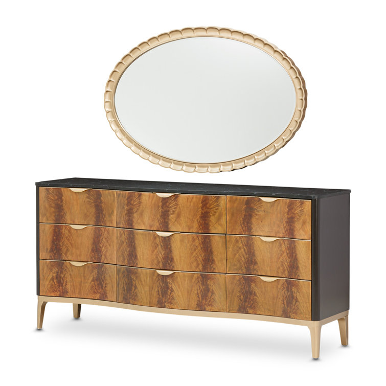 Mahogany and Marble Transitional 9-Drawer Double Dresser