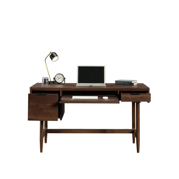 Grand Walnut Mid-Century Modern Desk with Drawer and Keyboard Tray