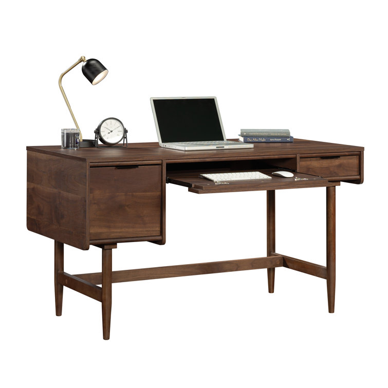 Grand Walnut Mid-Century Modern Desk with Drawer and Keyboard Tray