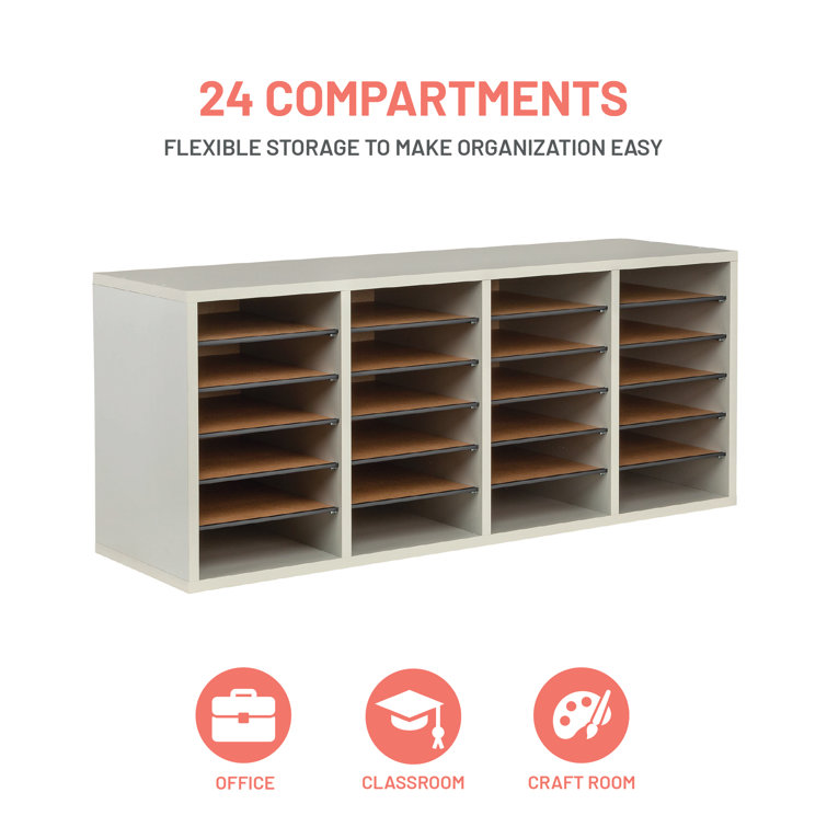 Modular 24-Compartment Gray Literature Sorter with Adjustable Shelves