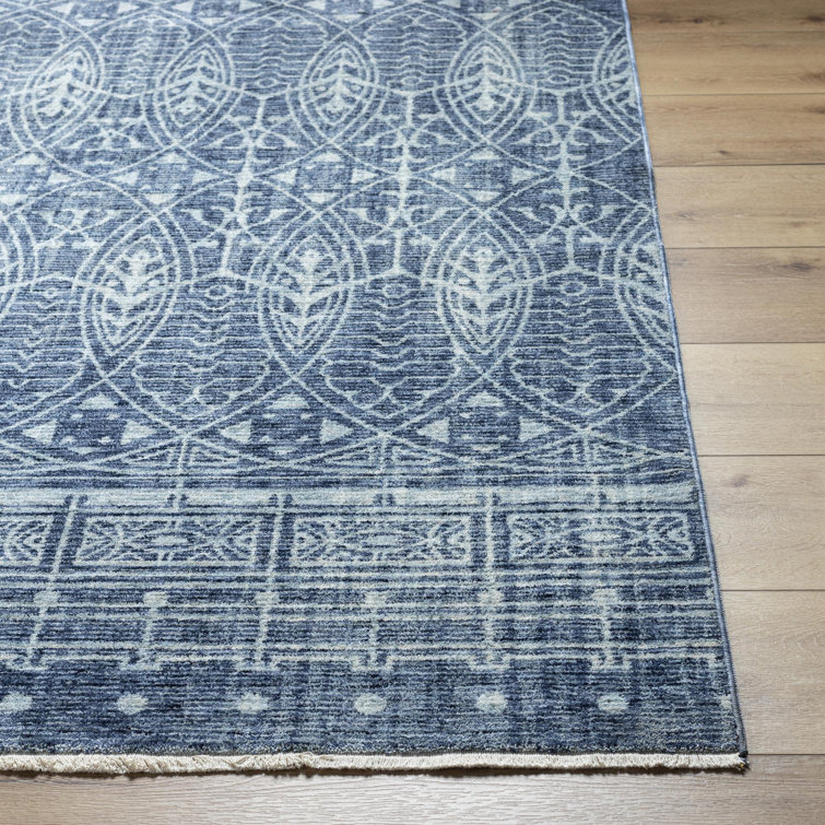 Blue and White Geometric Pattern Rectangular Rug