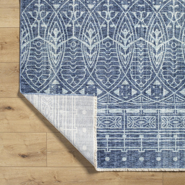 Blue and White Geometric Pattern Rectangular Rug