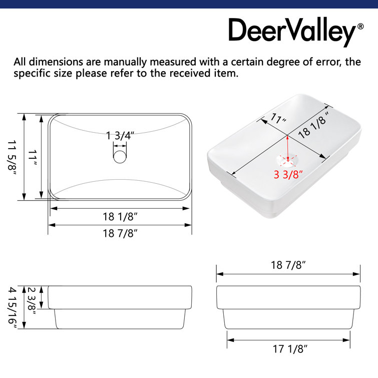 DeerValley 19'' White Ceramic Rectangular Above-Counter Vessel Sink