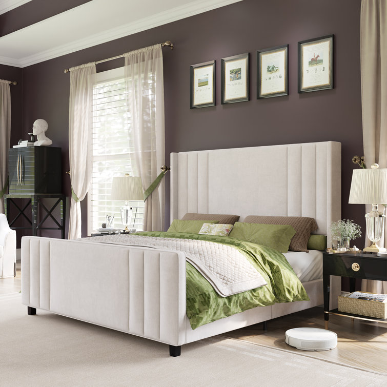King Size Cream Velvet Upholstered Bed with Tufted Headboard