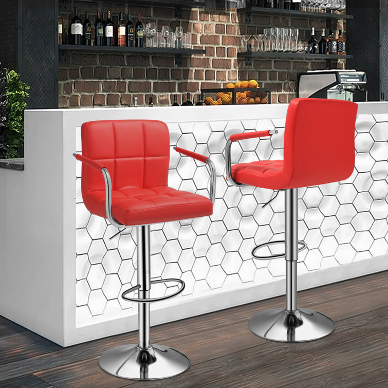 Red Adjustable Swivel Metal Counter Stool with Upholstered Seat