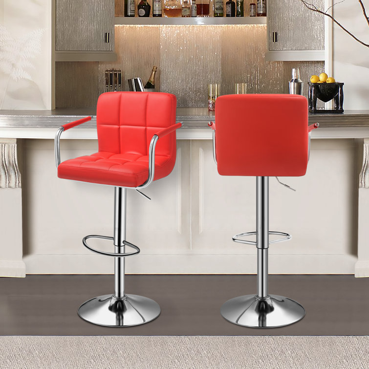Red Adjustable Swivel Metal Counter Stool with Upholstered Seat