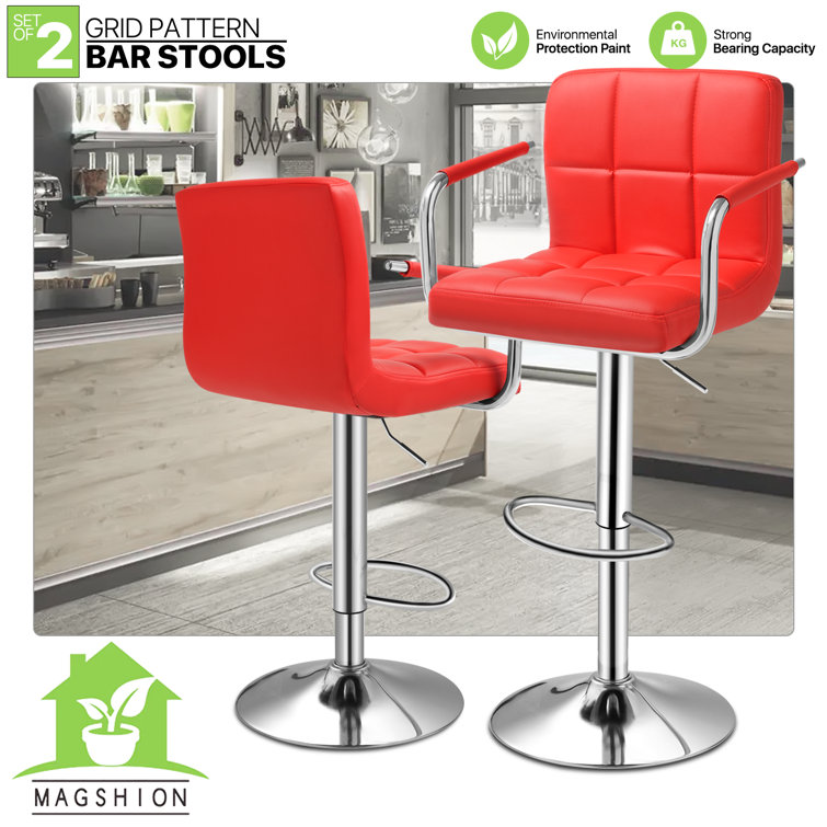 Red Adjustable Swivel Metal Counter Stool with Upholstered Seat