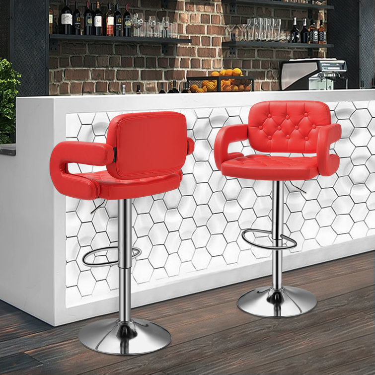 Red Faux Leather Adjustable Swivel Bar Stools with Arms