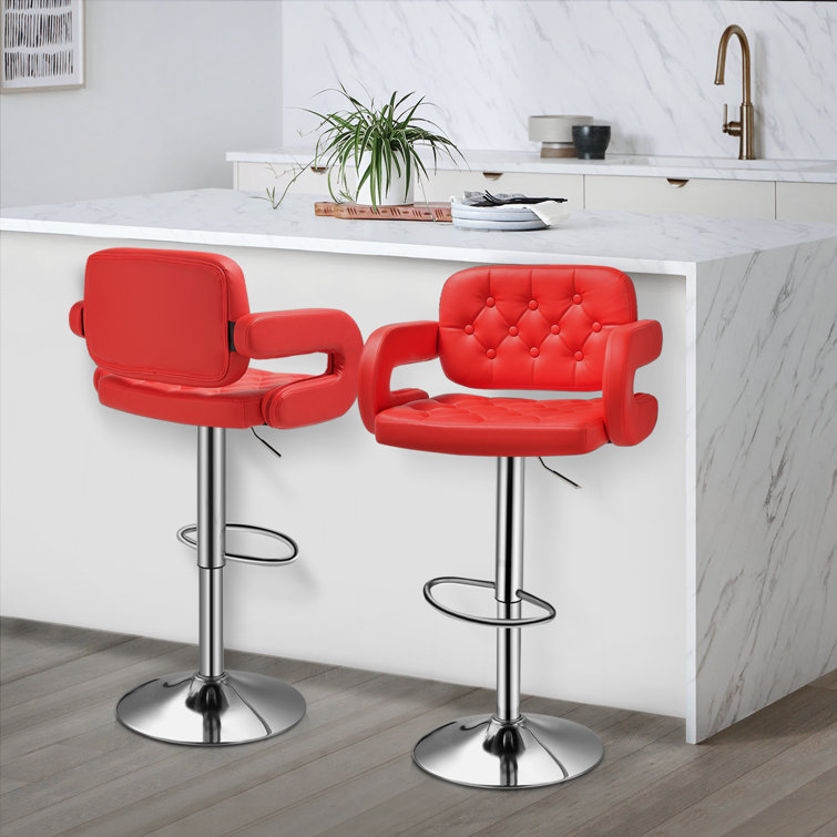 Red Faux Leather Adjustable Swivel Bar Stools with Arms