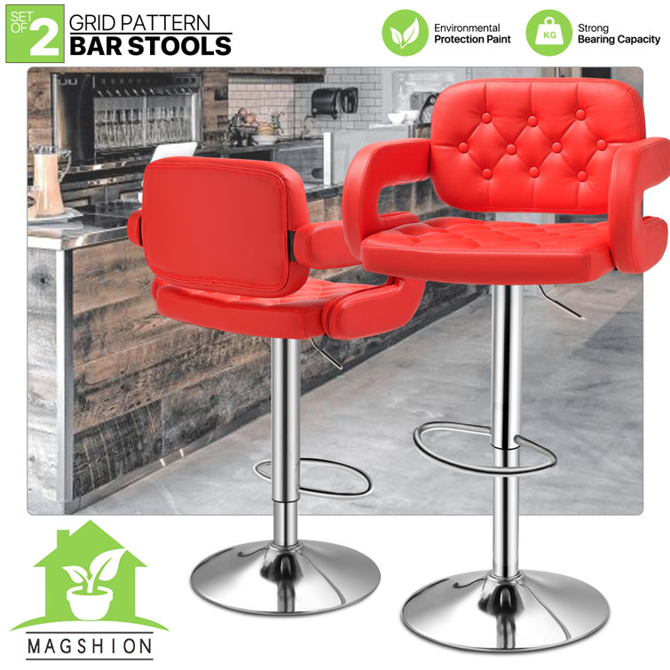 Red Faux Leather Adjustable Swivel Bar Stools with Arms