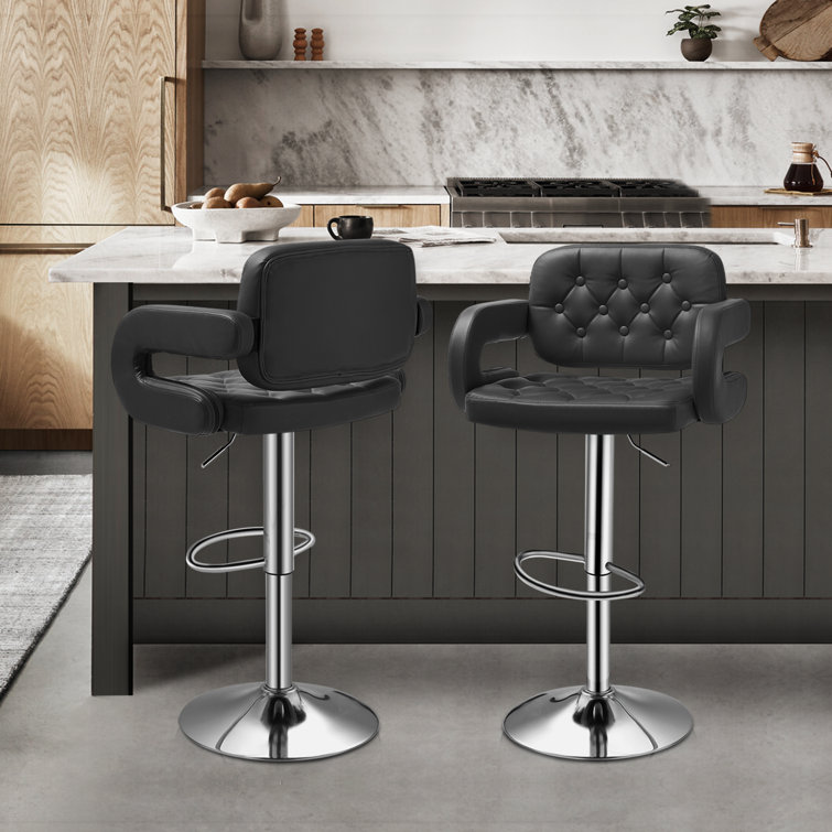 Black Faux Leather Adjustable Swivel Bar Stools with Pedestal Base, Set of 2