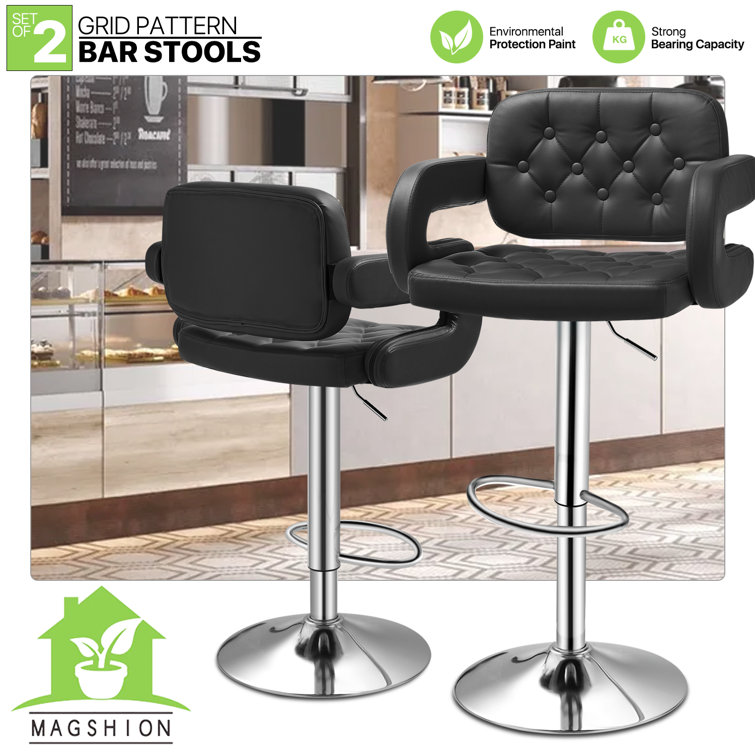 Black Faux Leather Adjustable Swivel Bar Stools with Pedestal Base, Set of 2