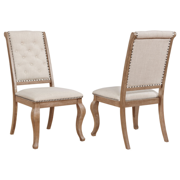 Cream Upholstered Tufted Side Chair with Light Brown Wood Frame