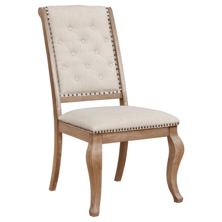 Cream Upholstered Tufted Side Chair with Light Brown Wood Frame