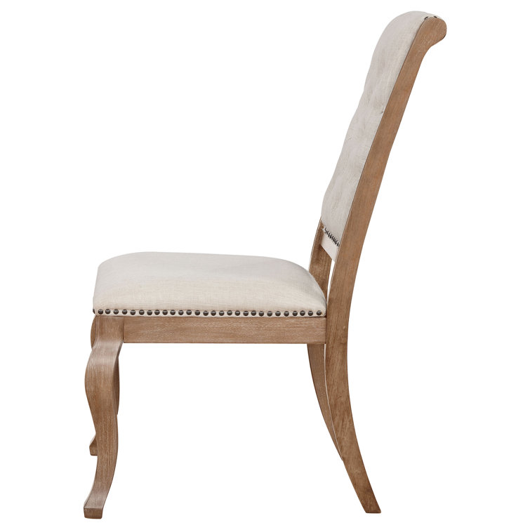 Cream Upholstered Tufted Side Chair with Light Brown Wood Frame