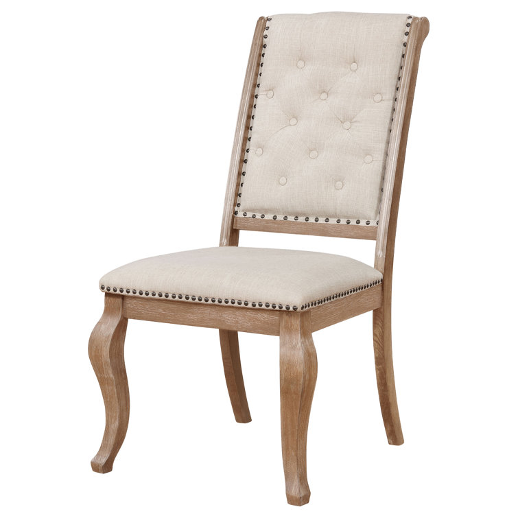 Cream Upholstered Tufted Side Chair with Light Brown Wood Frame
