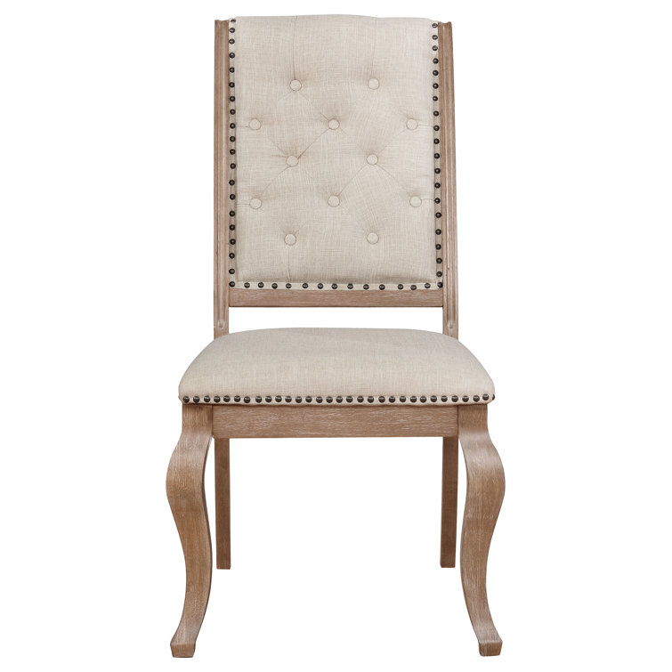 Cream Upholstered Tufted Side Chair with Light Brown Wood Frame